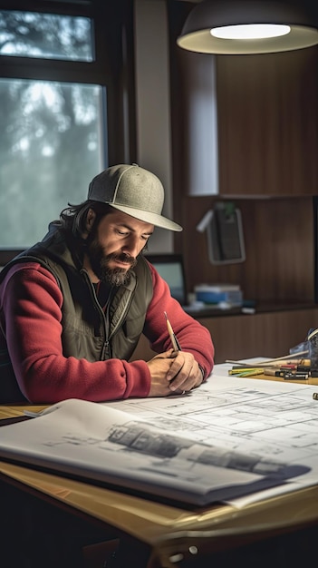 A construction worker is sitting in a modern office holding a construction plan