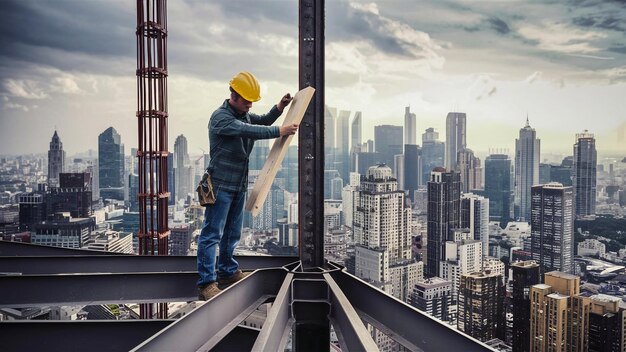 建設作業員が高い建物の上に立って大きな紙を握っています