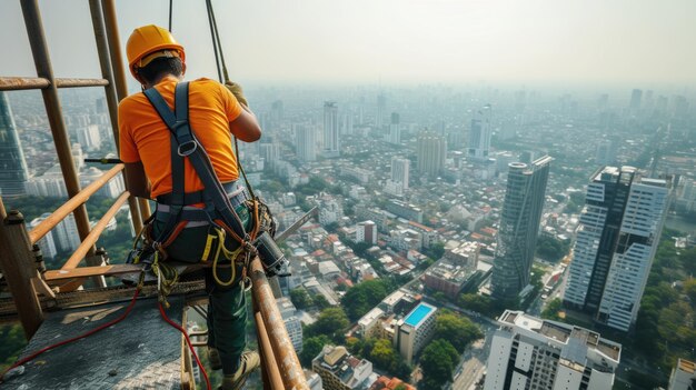 A construction worker is standing on top of a building looking out over a city AIG41