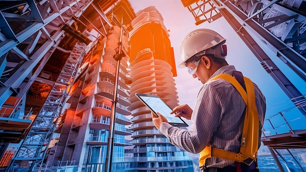 建設作業員が建物の前でタブレットを使用している