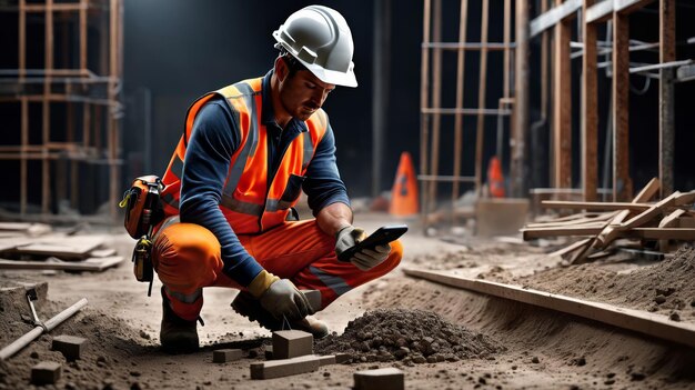 Construction Worker Kneels on Construction Site