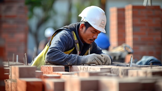 建設現場でレンガを敷く建設労働者