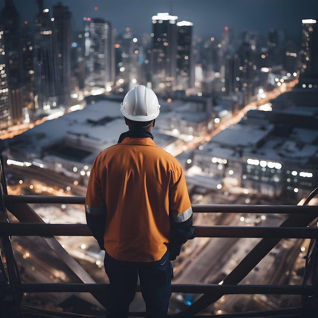 Construction Worker looking down at city