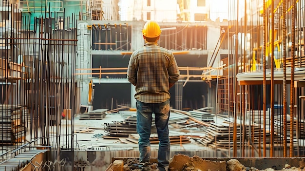 Construction Worker Looking Down at Construction Site