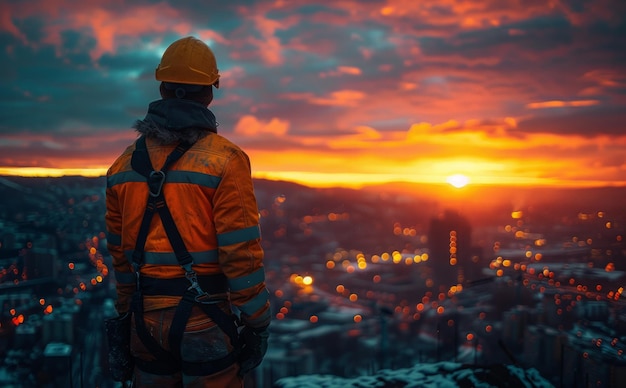 Construction worker looking at the sunset