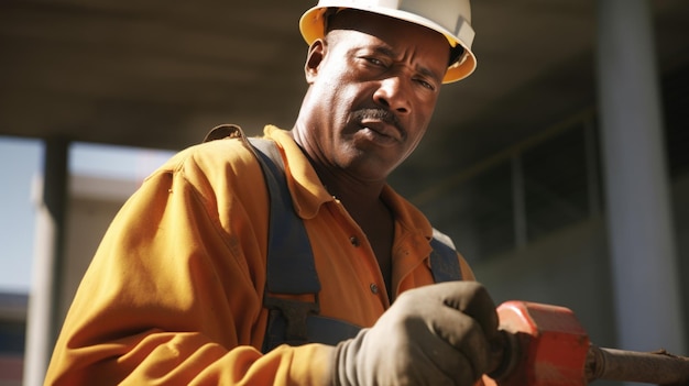 Photo construction worker male africanamerican mature using a jackhammer on a construction site in outdoor construction site generative ai aig22