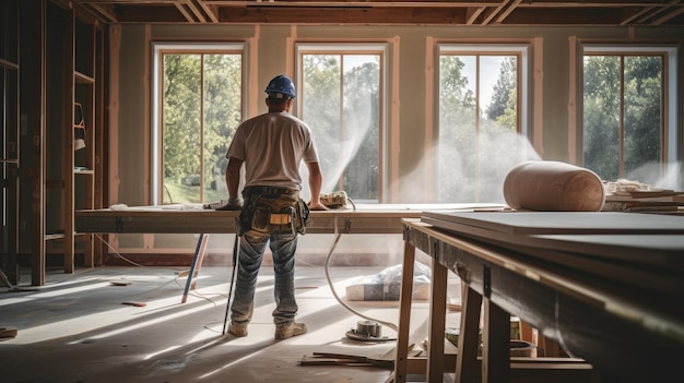 A construction worker mason in the ongoing remodeling of a spacious kitchen with windows to the outs