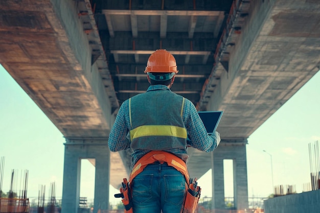 construction worker monitors bridge project from below in bright sunlight