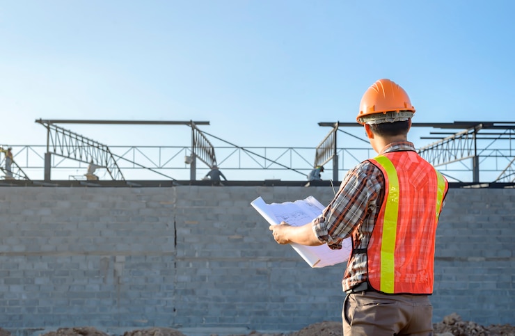Photo a construction worker plan checking construction site area during working hours