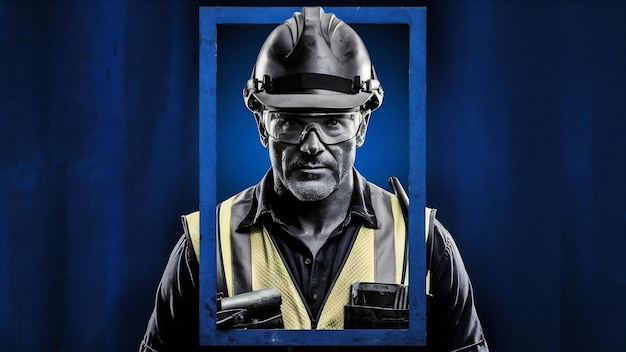 Construction worker portrait on blue background