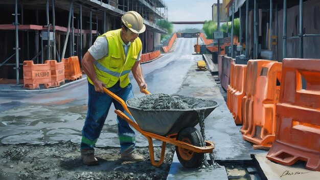 A construction worker pouring a wet concret at road construction site