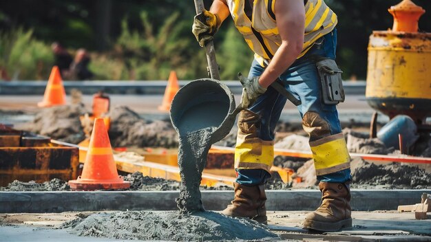 A construction worker pouring a wet concret at road construction site