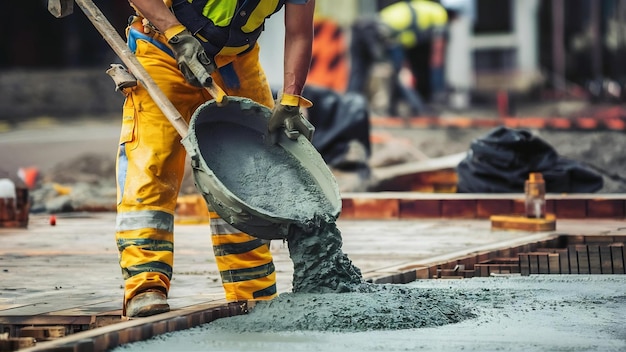 A construction worker pouring a wet concret at road construction site