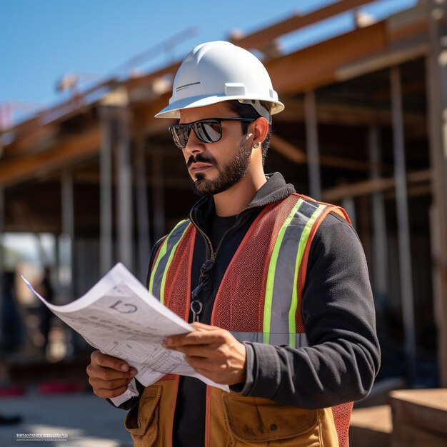 Construction worker reviewing plans on site