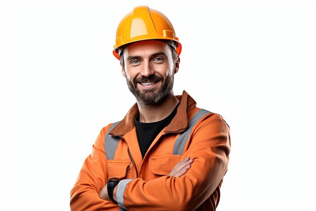 Photo construction worker in safety uniform standing in front of a plain white background