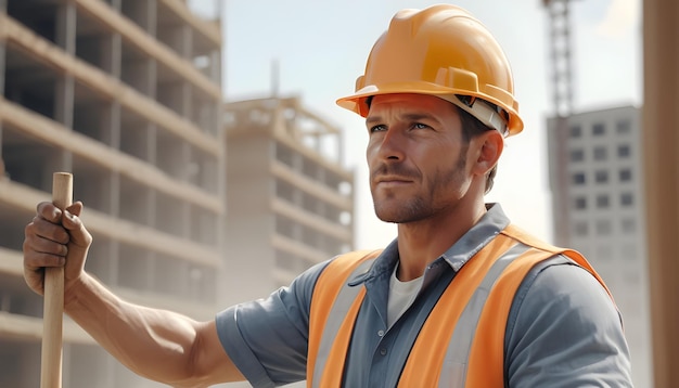 a construction worker in a safety vest stands in front of a building with a construction vest on