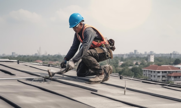 Construction worker secured with harness belt working at rooftop designe
