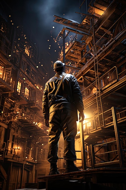 Construction worker standing looking up at the height of steel frame building