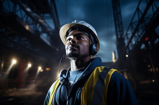 Construction Worker Standing Tall with Headphones