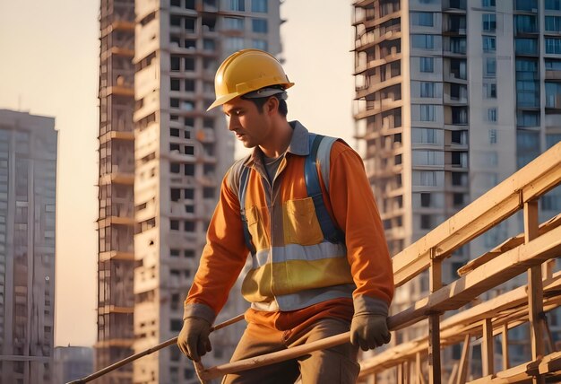Photo a construction worker stands on a balcony overlooking a city skyline