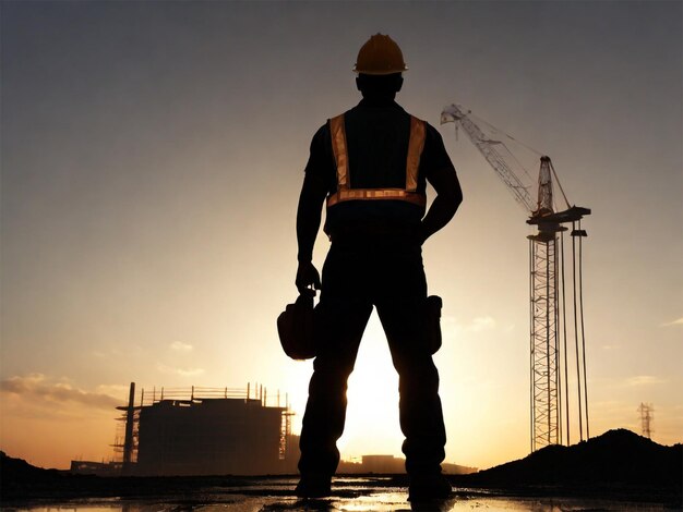 a construction worker stands in front of a building under construction