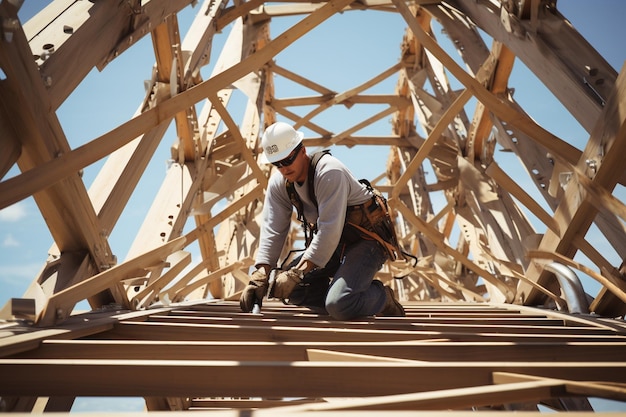 Photo construction worker truss installation