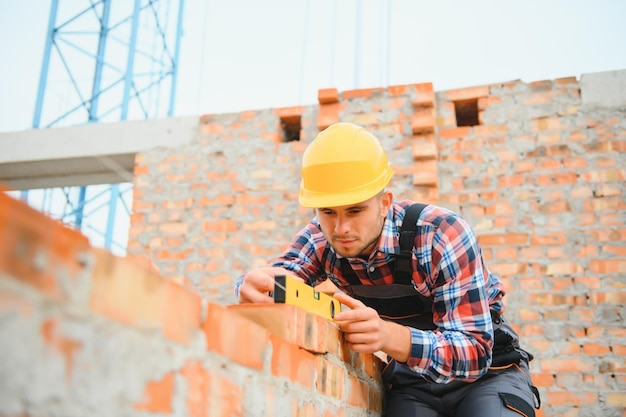 Operaio edile in uniforme e equipaggiamento di sicurezza ha un lavoro sulla costruzione