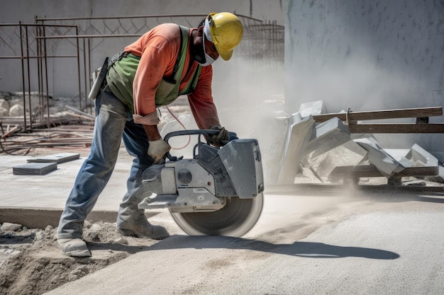 A Construction Worker Using a Concrete Saw to Cut Concrete in a Construction Site