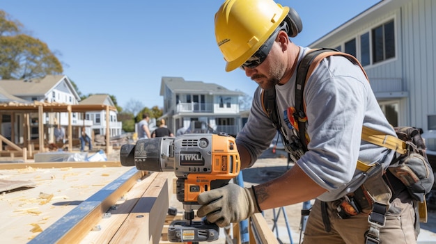 Construction Worker Using Drill To Install Window