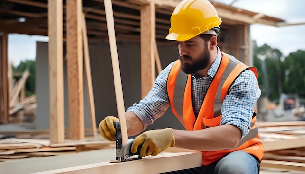 A construction worker using a nail gun