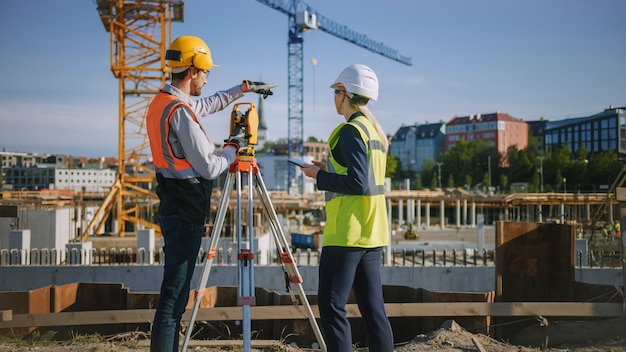 Photo construction worker using theodolite surveying optical instrument for measuring angles in horizontal and vertical planes on construction site engineer and architect using tablet next to surveyor