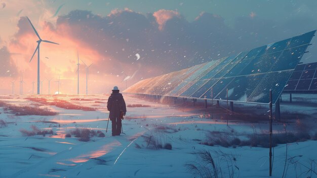 construction worker walks through a solar field with the solar panels covered in snow