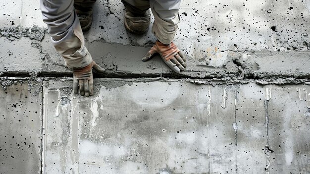 Фото Строитель в перчатках и коленных подкладках наносит раствор на бетонную стену