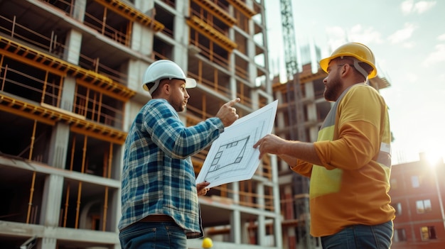 Construction worker wearing a hard hat at a building site AIG41