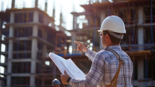 Photo construction worker wearing a hard hat at a building site aig41