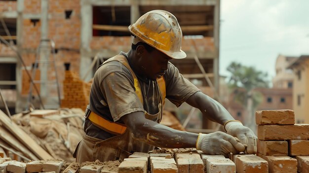 A construction worker wearing a hard hat and gloves is carefully laying bricks on a building site