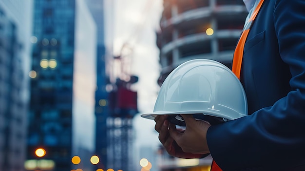 Photo a construction worker wearing a hard hat is standing at a construction site he is looking at the plans for the new building