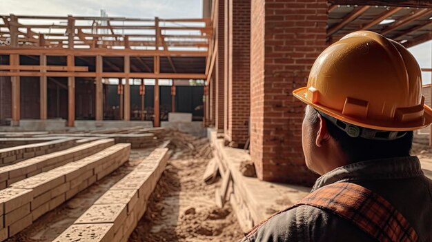 A construction worker wearing a hard hat looks at a building site.