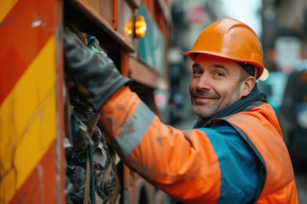 Photo construction worker wearing hard hat and orange jacket