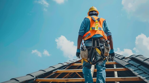 ハードヘットと安全ベストをかぶった建設作業員が屋根の上に立って景色を見ています