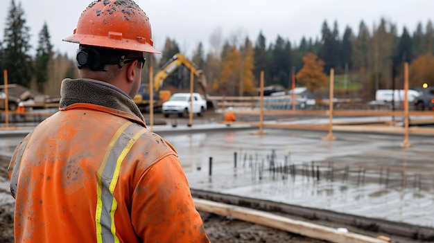 Construction worker wearing hard hat and safety vest looking out at a