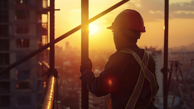 Photo construction worker wearing a hard hat and safety vest standing on a scaffolding at sunset