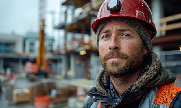 Construction worker wearing hard hat and safety vest