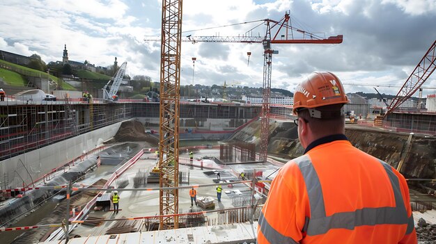 Photo construction worker wearing hard hat and safety