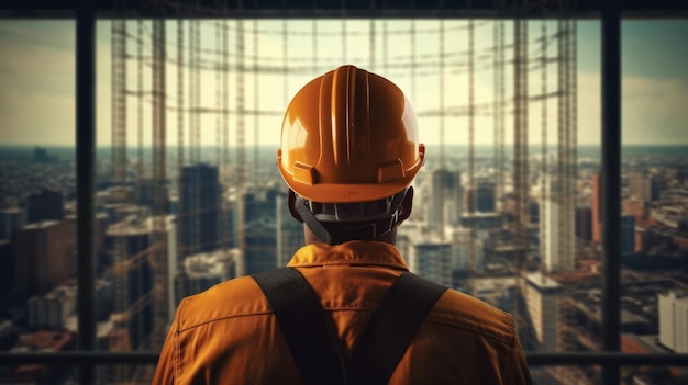 A construction worker wearing a hard hat standing on a high rise building and looking out