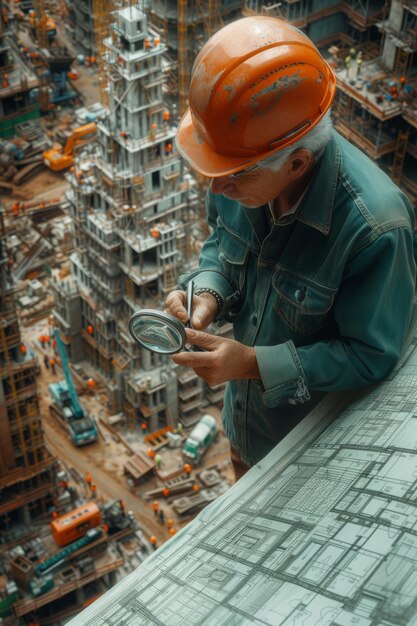 Construction worker wearing hardhat and holding magnifying glass while looking at blueprints