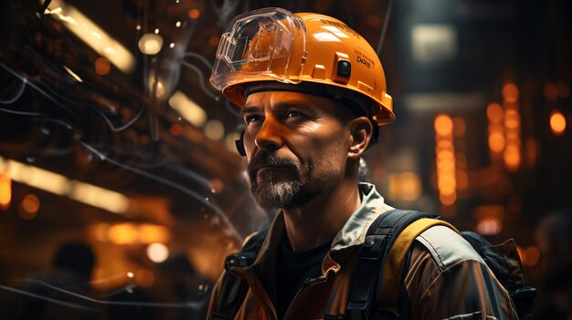 Construction worker wearing an orange hard hat Development concept BIM and digital twin concept