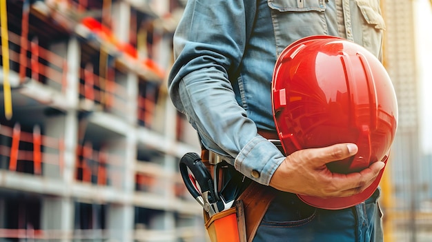 Construction worker wearing a red hard hat and holding a blueprint at a construction site
