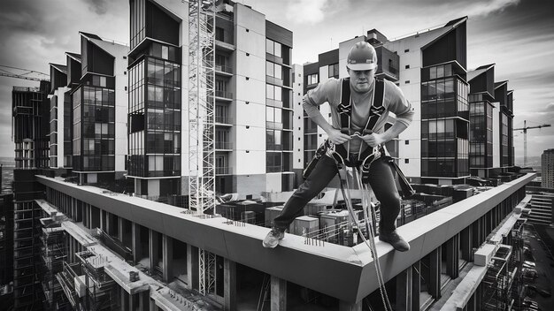 Строительный работник, надевающий ремень безопасности во время работы на высоком месте