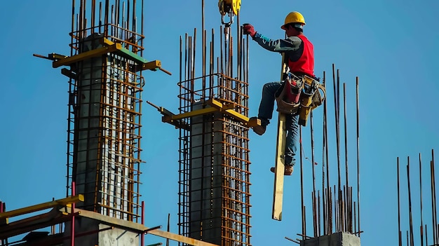 Photo construction worker wearing a safety harness and hard hat working at a high rise building under construction